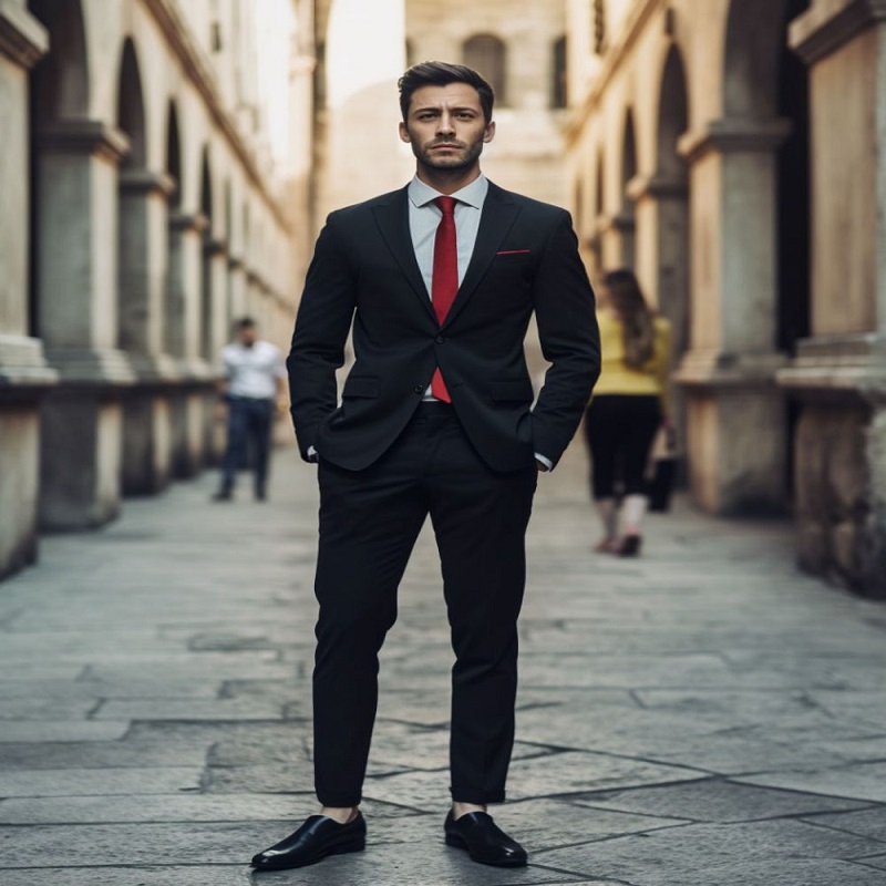  black suit red shirt